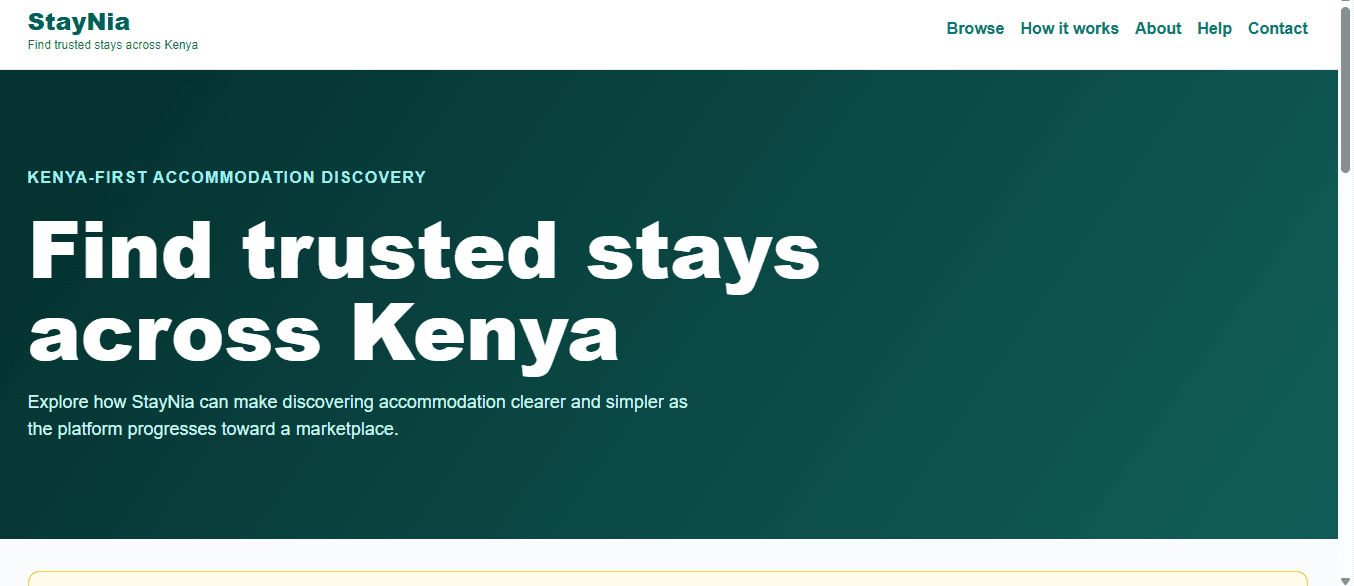 StayNia homepage and property discovery introduction
