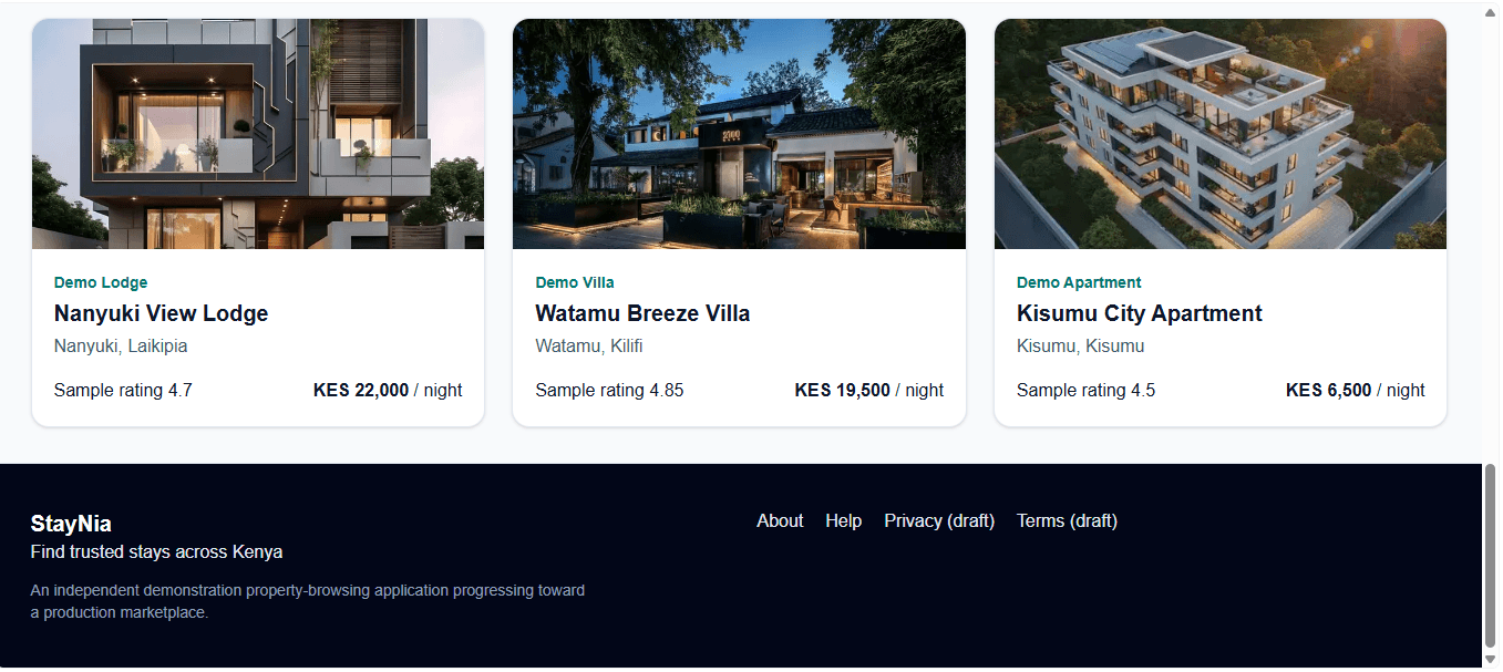 StayNia property discovery results interface